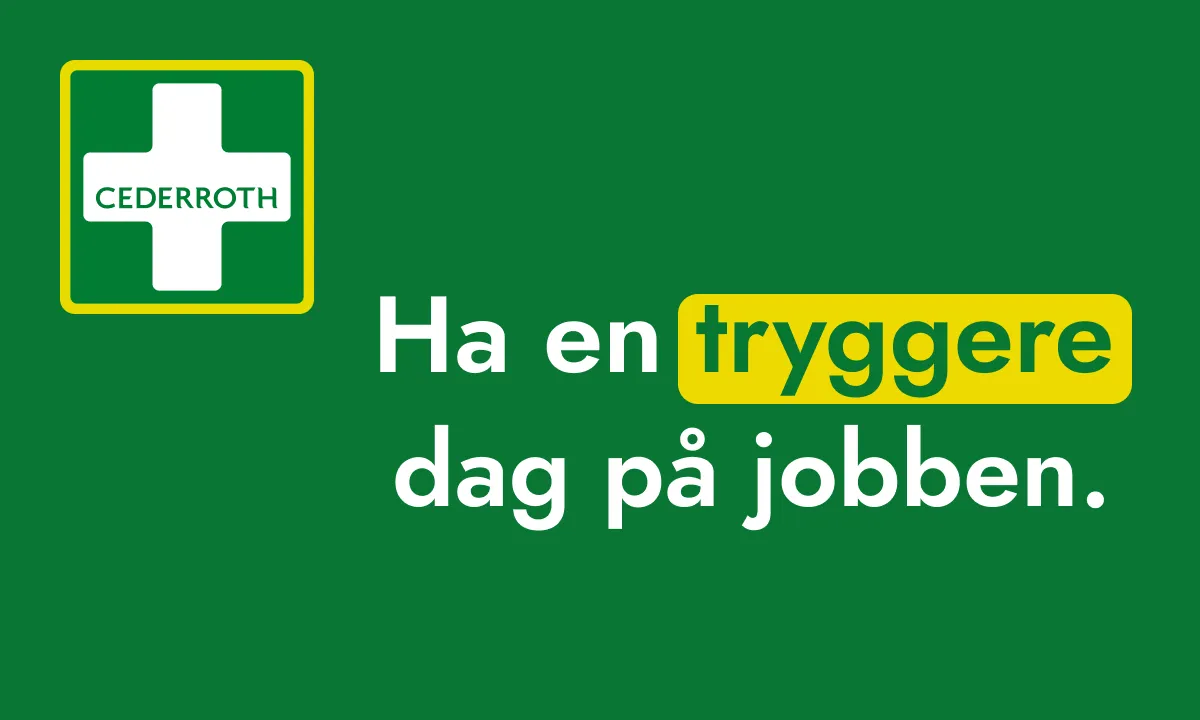 Cederroth logo på en grunn bakgrunn. Det står: 'Ha en tryggere dag på jobben' hvor tryggere har en gul bakgrunn med grønn skrift